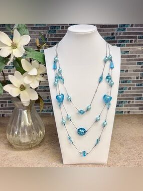 Ocean Blue and Silver tone multi-strand necklace